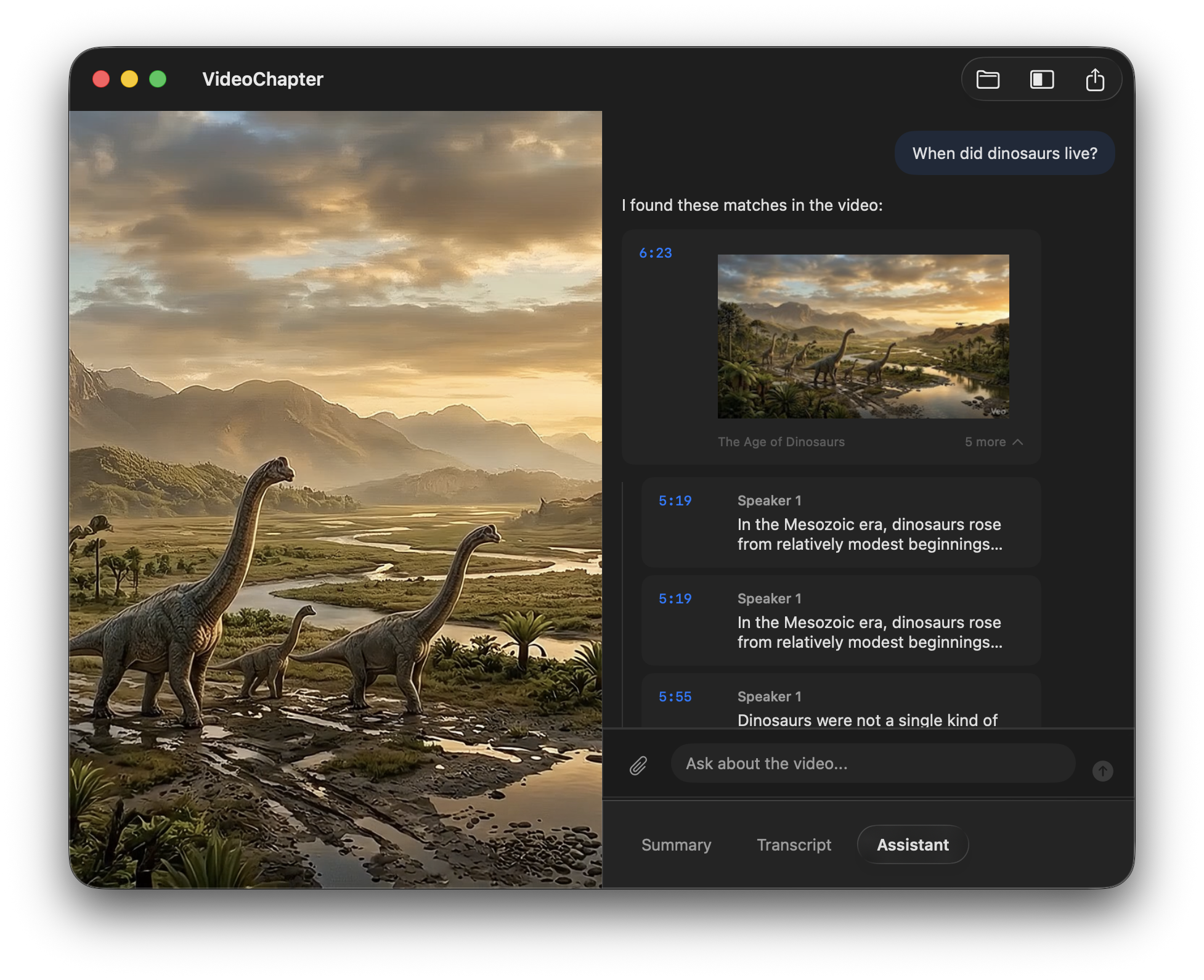 VideoChapter assistant answering questions about a video