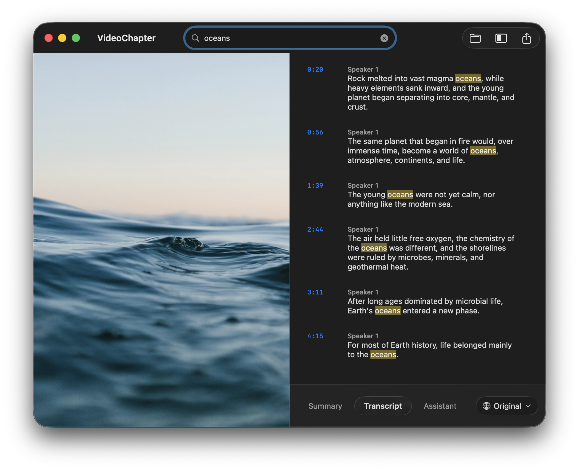 VideoChapter transcript search view with click-to-seek results